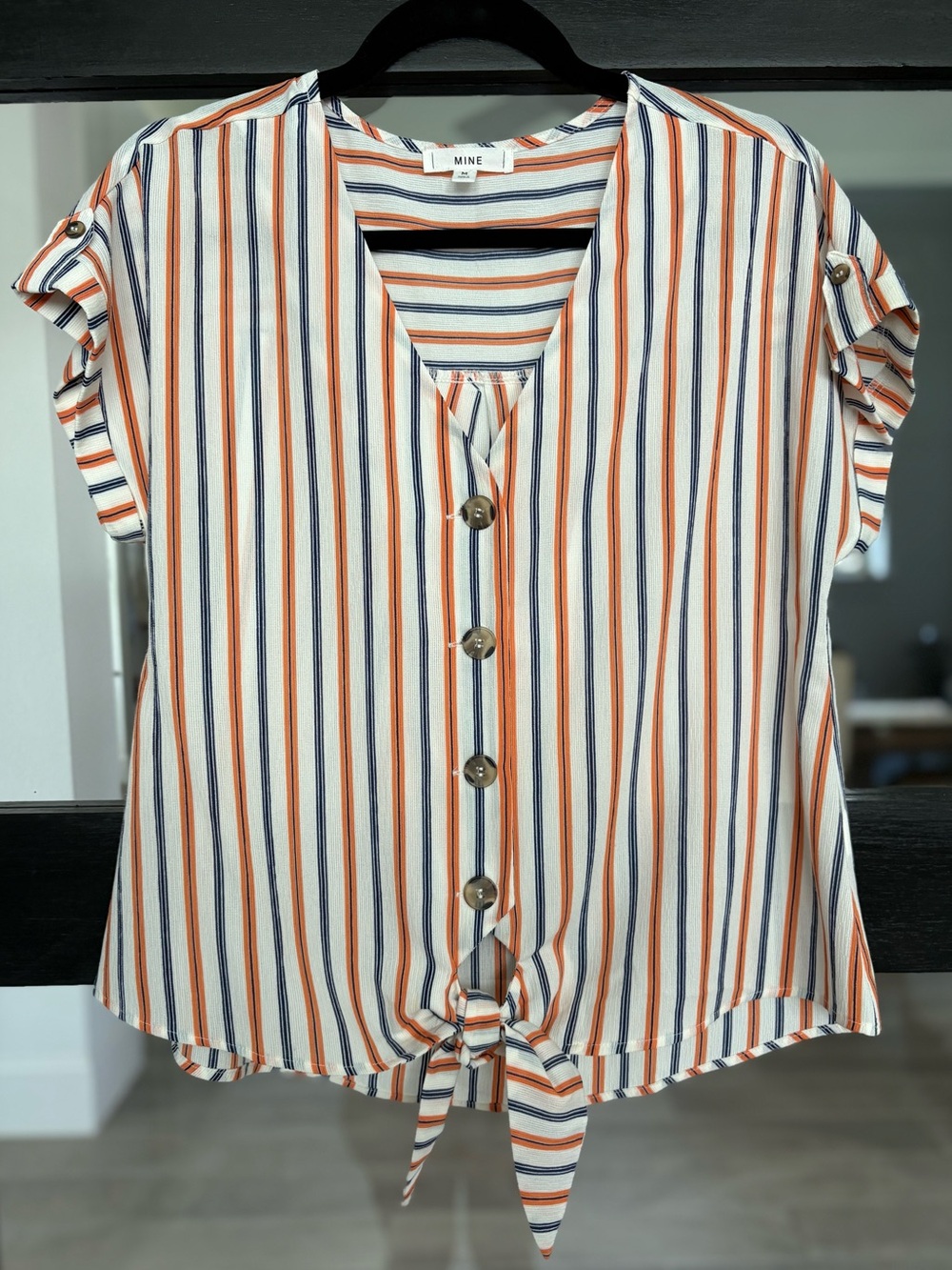 Boutique Mine Striped Tie Front Button Front Blouse V Neck Top Coastal Boho M